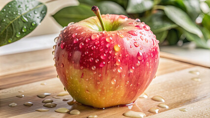 A vibrant apple covered in water droplets sits on a wooden surface, surrounded by fresh green leaves. The glistening fruit showcases its freshness