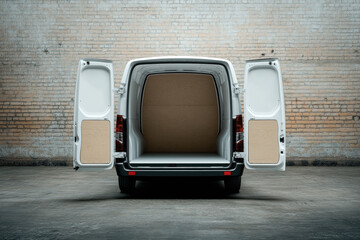 Canvas Print - Open back view of an empty white cargo van with both rear doors open, displaying the spacious and clean interior cargo area with wooden paneling against an industrial brick wall.