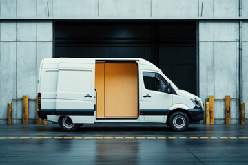 Canvas Print - White cargo van with a sliding door open parked in front of a warehouse loading dock with concrete walls and safety bollards.