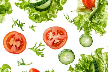 Wall Mural - A fall of a green salad with lettuce, tomatoes, cucumbers, and other vegetables isolated on a white background.