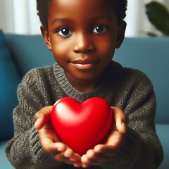 Little boy holding red heart in hands