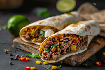 Delicious tortilla wrap filled with ground beef, beans, and sour cream on a kitchen board