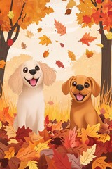 Two playful cartoon dogs surrounded by falling autumn leaves, capturing the joy of the fall season in a vibrant setting.