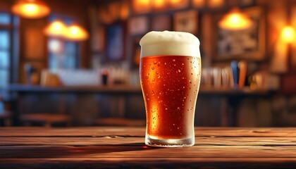 Canvas Print - Frothy draft beer in a chilled glass on a rustic pub table, illuminated by warm bar lighting, capturing the essence of a cozy tavern atmosphere