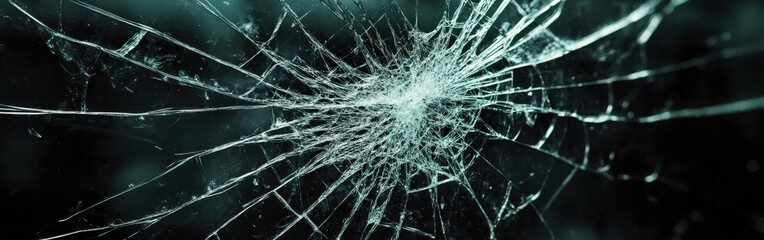 Detailed close-up of a spider's web broken glass with a central hole