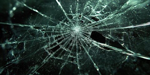 Detailed close-up of a spider's web broken glass with a central hole