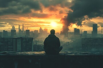 Poster - Silhouette of man sitting on rooftop with polluted city skyline at sunset