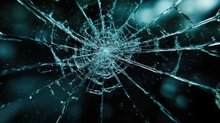 Detailed close-up of a spider's web broken glass with a central hole