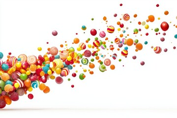 Wall Mural - Many colorful candy pieces fall in the air on a background, a sweet dessert meal.