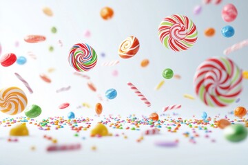 A colorful display of many candy drops isolated on a backround, which is part of a sweet dessert meal.