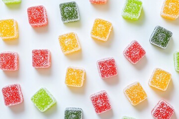 dessert meal of tasty sugar jelly cubes falling in the air in front of a white background.