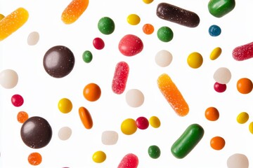 A variety of jelly beans are falling in the air, isolated on a background of sweet dessert.