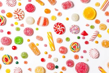 Jelly beans falling from the sky, isolated on a white background.