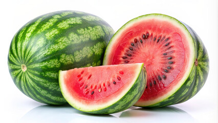 A whole watermelon is positioned next to a sliced piece, revealing its juicy red flesh and black seeds. The bright colors create an appetizing display