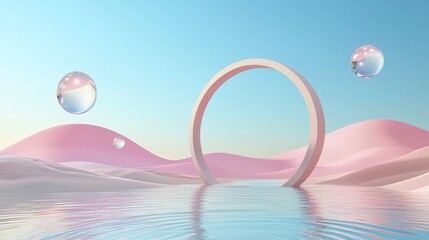 Wall Mural - A 3D render of an abstract surreal landscape depicting pastel balls floating around glass circles arches in a rainbow grass dune accompanied by a beautiful sky background.