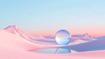 Wall Mural - In this 3D rendering, we see a colorful grass land dune surrounded by a mirror glass circle with a beautiful sky background behind it.