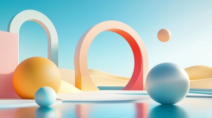 Stunning 3D render of a surreal landscape with pastel balls floating around glass circle arch on rainbow grass dune with beautiful sky.