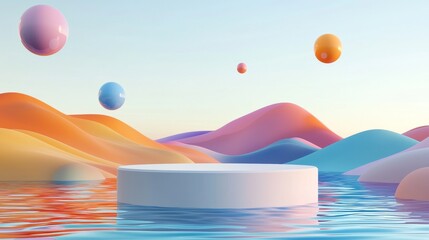 Wall Mural - Surreal landscape 3D render of empty podium stand for product with colorful ball falling in the air and a beautiful grassy dune over sky.