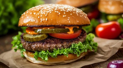 burger with tomatoes lettuce and pickles on a brown paper. 