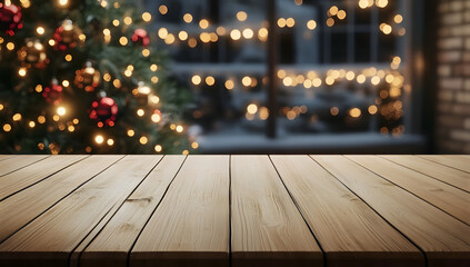 Sticker - Christmas theme background with an empty wooden table