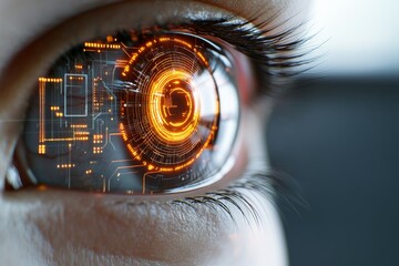 Poster - Close up of a futuristic eye with digital circuitry symbolizing AI driven vision cybernetics and augmented reality in a high tech world