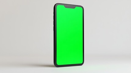 Mobile phone featuring a vertical green screen, utilizing chroma key technology, isolated on a white background