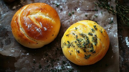 Poster - Two Golden Brown Bread Rolls with Fresh Thyme Sprigs