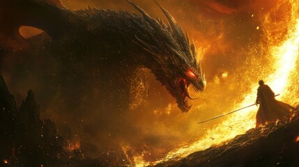 Sticker - A lone warrior stands against a menacing fire-breathing dragon in a fiery landscape.