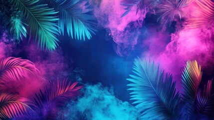 Poster - Palm Leaves Illuminated by Neon Blue and Pink Smoke