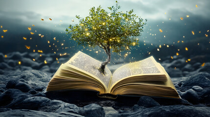 Wall Mural - In a rocky field, a small tree grows from pages of an open book