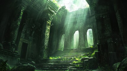 Canvas Print - Sunbeams Illuminating the Entrance of a Forgotten Temple