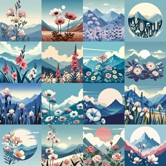 Wall Mural - Close-up flowers with highland background. Minimalist art style. AI generated illustration