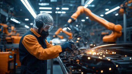 Wall Mural - A factory worker wearing protective gear operates machinery in an advanced manufacturing facility with robotic arms visible in the background.