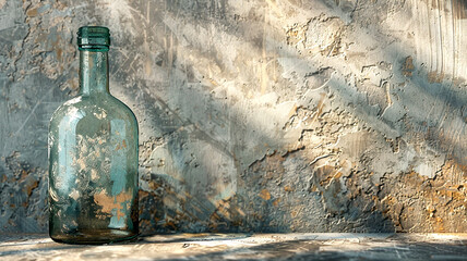 Sunlight gently illuminates an aged glass bottle against a textured wall