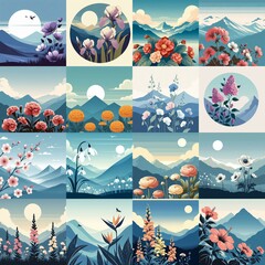 Wall Mural - Close-up flowers with highland background. Minimalist art style. AI generated illustration