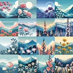 Wall Mural - Close-up flowers with highland background. Minimalist art style. AI generated illustration