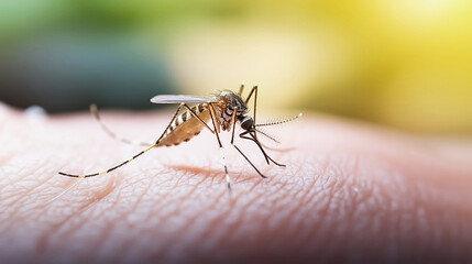 Close-up of mosquito biting human skin, insect on skin detail, macro shot mosquito feeding, bite concept