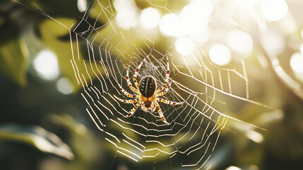 Spider in a web, close up, against sunlight, natural background, spiderweb details, insect in nature, spider macro photograph, living in nature concept