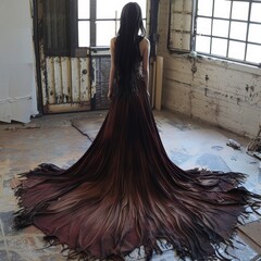 Elegant figure in flowing dress poses in abandoned warehouse