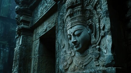 Canvas Print - Stone Carving of a Woman's Face on a Temple Wall