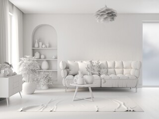 Wall Mural - Grey home interior mock-up with sofa, living room concept in scandinavian style 3D illustration