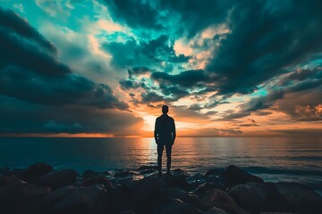 silhouette of man standing on a rocky shore watching a vibrant sunset over the ocean