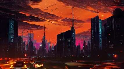 Wall Mural - City landscape artwork with orange sky on the sundown. Textured painting of a cyberpunk city in motion