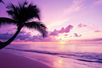 Serene tropical beach at dusk with palm trees and colorful sky