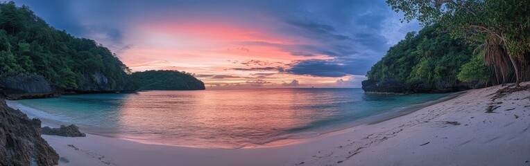 Tranquil tropical beach at dusk with vibrant colors and calm waters