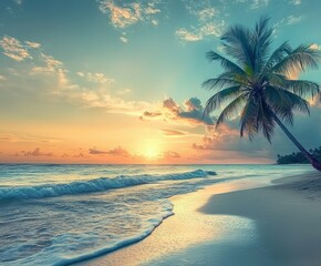 Wall Mural - Tropical beach at dusk with palm trees and gentle waves lapping the shore