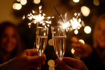 Joyous new year celebration  family toasting with sparklers and champagne amid blurry festive lights