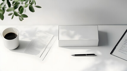 A minimalist receipt box on a white desk, with a pen and financial planner beside it