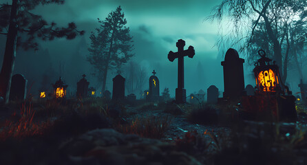 Halloween night background with a haunted graveyard and spooky lanterns