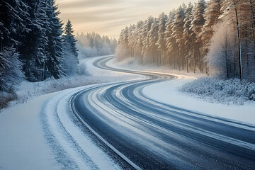 Wall Mural - Winter view of a country road with snowy curves